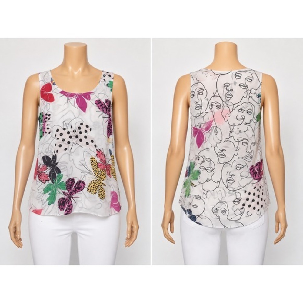 Charlie B Reversible Tank Top Womens P/S Butterfly Line Art Face Print Blouse